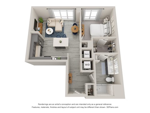 Floor plan for 1 bed, 1 bath, 743 sqft